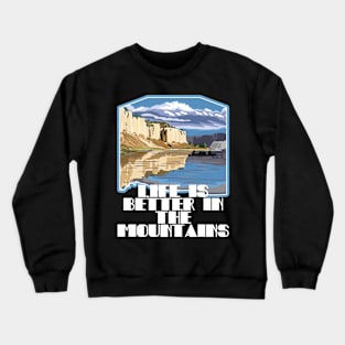 LIFE IS BETTER IN THE MOUNTAINS Retro Vintage Posted Mountain Range Wiht Lake And Adventurers On A Canoe And Kayak Trip Crewneck Sweatshirt